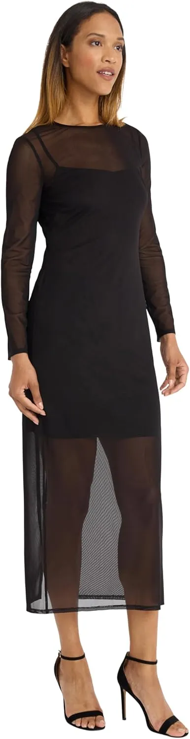 Donna Morgan Women's Long Sleeve Midi Sheer Mesh Overlay, Perfect Cocktail, Going Out, Birthday, Or Date Night Dress