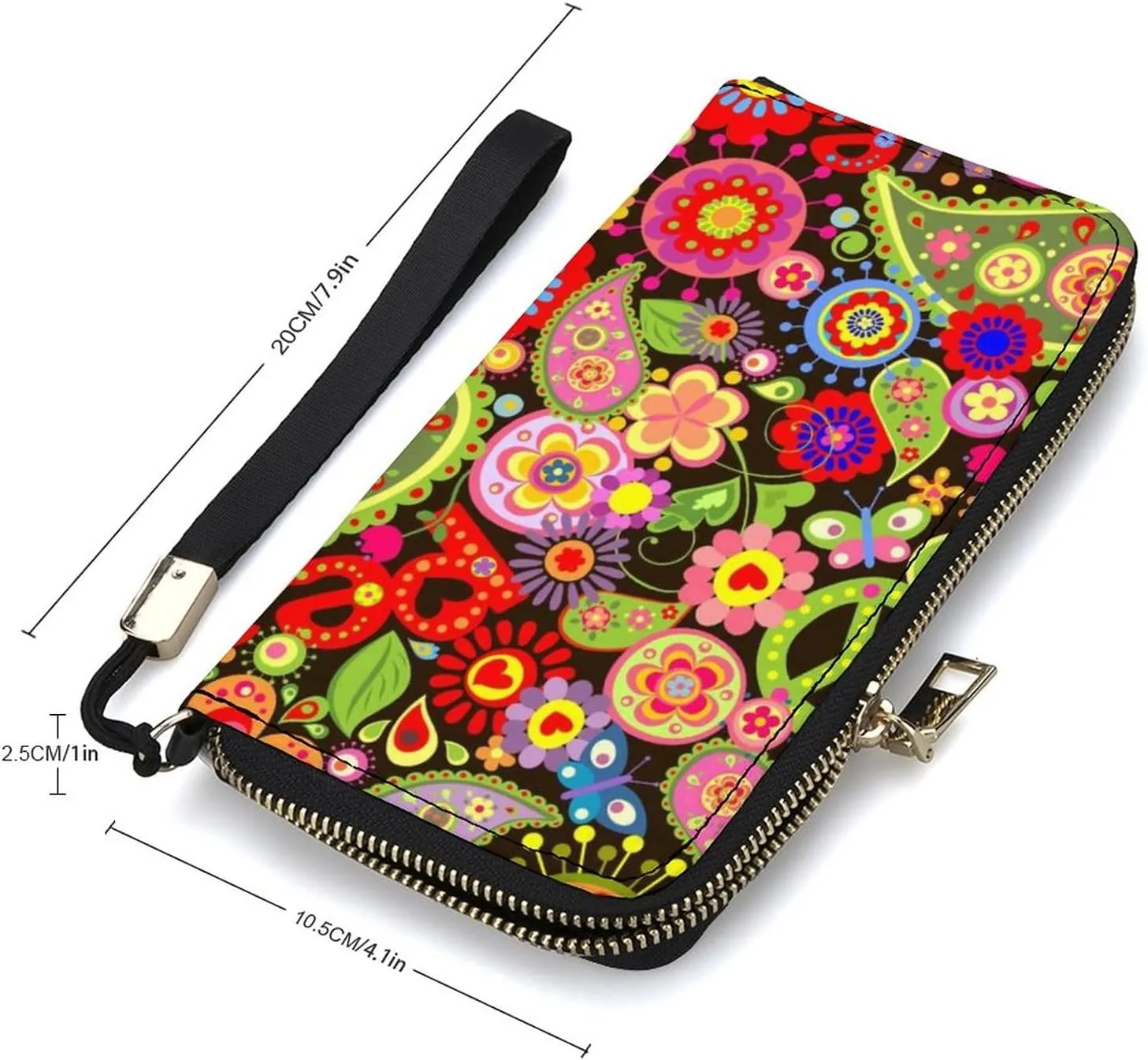 Donnapink 1 Tradition Paisley Peace Sign Colorful Long Clutch Wallet, Long Handbag with Removable Wristlet Strap, PU Leather Zip Purse, Credit Pass Case Card-Holder for Men Women