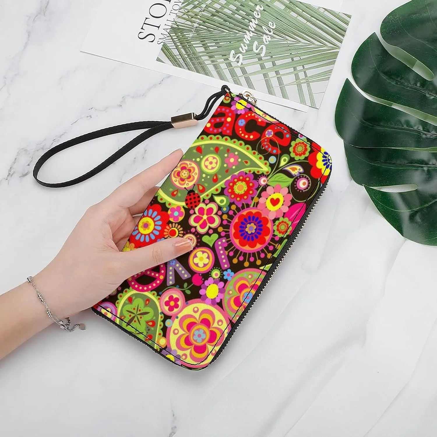 Donnapink 1 Tradition Paisley Peace Sign Colorful Long Clutch Wallet, Long Handbag with Removable Wristlet Strap, PU Leather Zip Purse, Credit Pass Case Card-Holder for Men Women