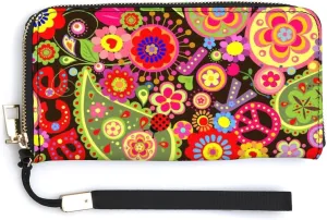 Donnapink 1 Tradition Paisley Peace Sign Colorful Long Clutch Wallet, Long Handbag with Removable Wristlet Strap, PU Leather Zip Purse, Credit Pass Case Card-Holder for Men Women