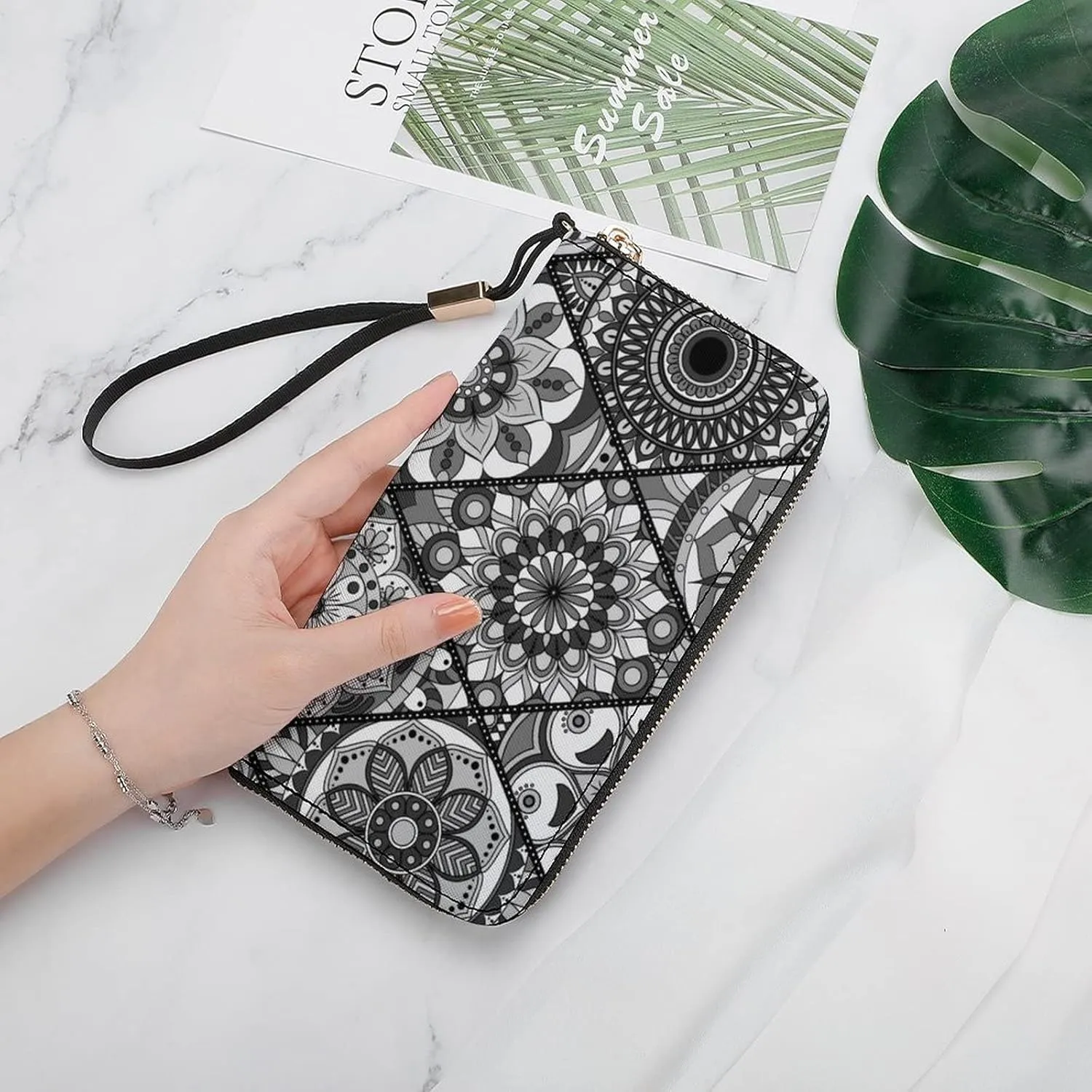 Donnapink Long Clutch Wallet, Long Handbag with Wristlet Strap, PU Leather Zip Purse
