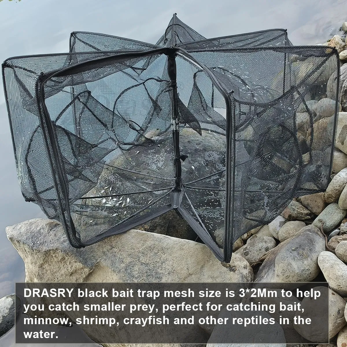 Drasry Black Fishing Bait Trap Foldable Fish Net for Minnow Crab Crayfish Crawdad Shrimp Trap Cast Net Dip Cage Collapsible Easy Use 4 6 Hole Fishing Accessories