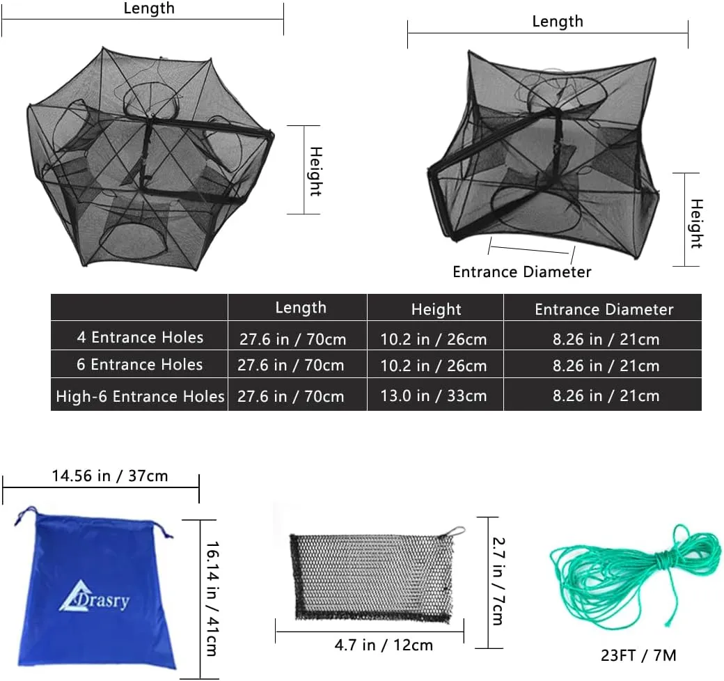 Drasry Black Fishing Bait Trap Foldable Fish Net for Minnow Crab Crayfish Crawdad Shrimp Trap Cast Net Dip Cage Collapsible Easy Use 4 6 Hole Fishing Accessories
