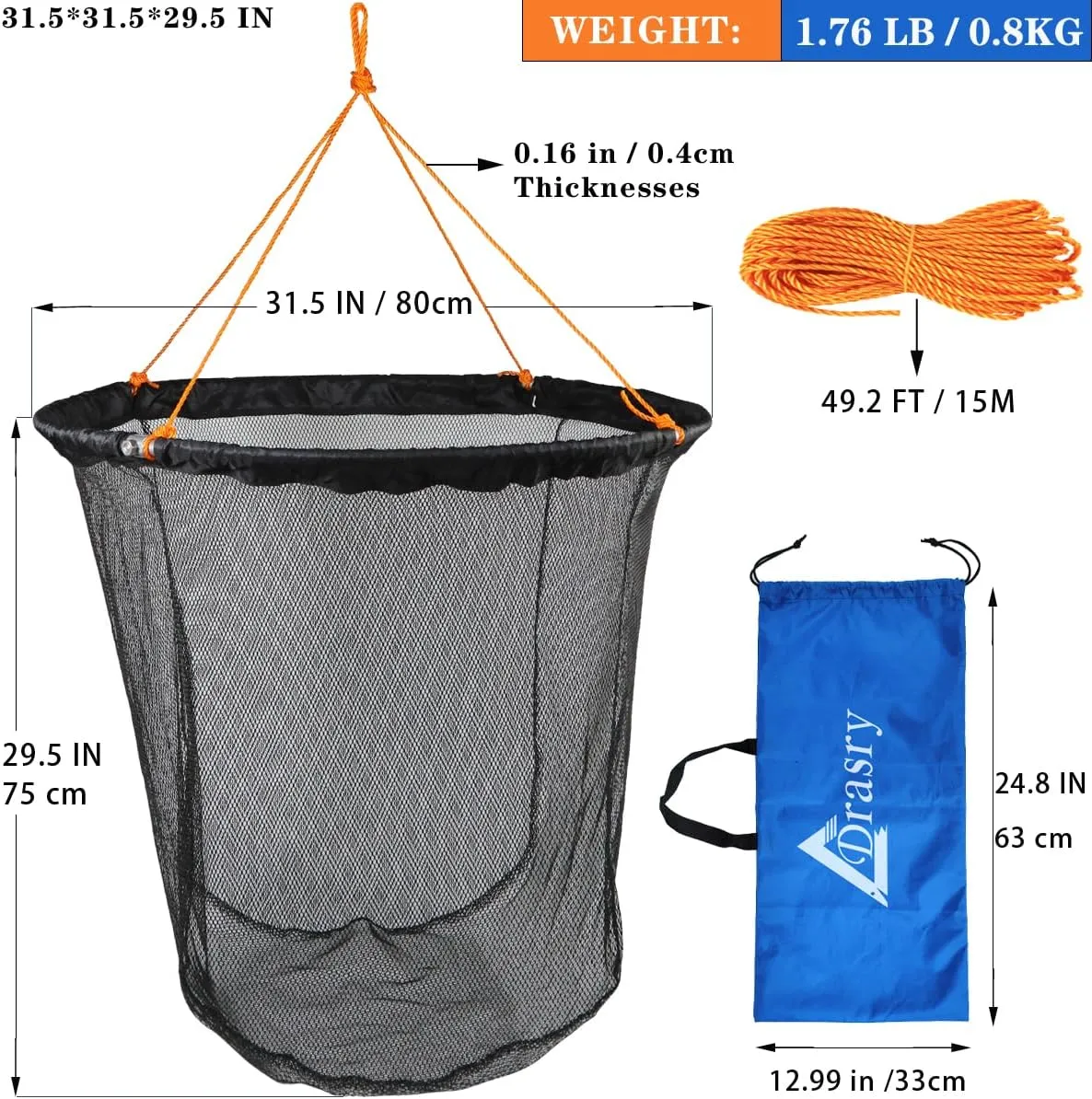 Drasry Foldable Bridge and Pier Fishing Landing Net - High Load-Bearing Aluminum Ring Drop Net for Saltwater Freshwater - Collapsible Basket With 49.2 FT Rope