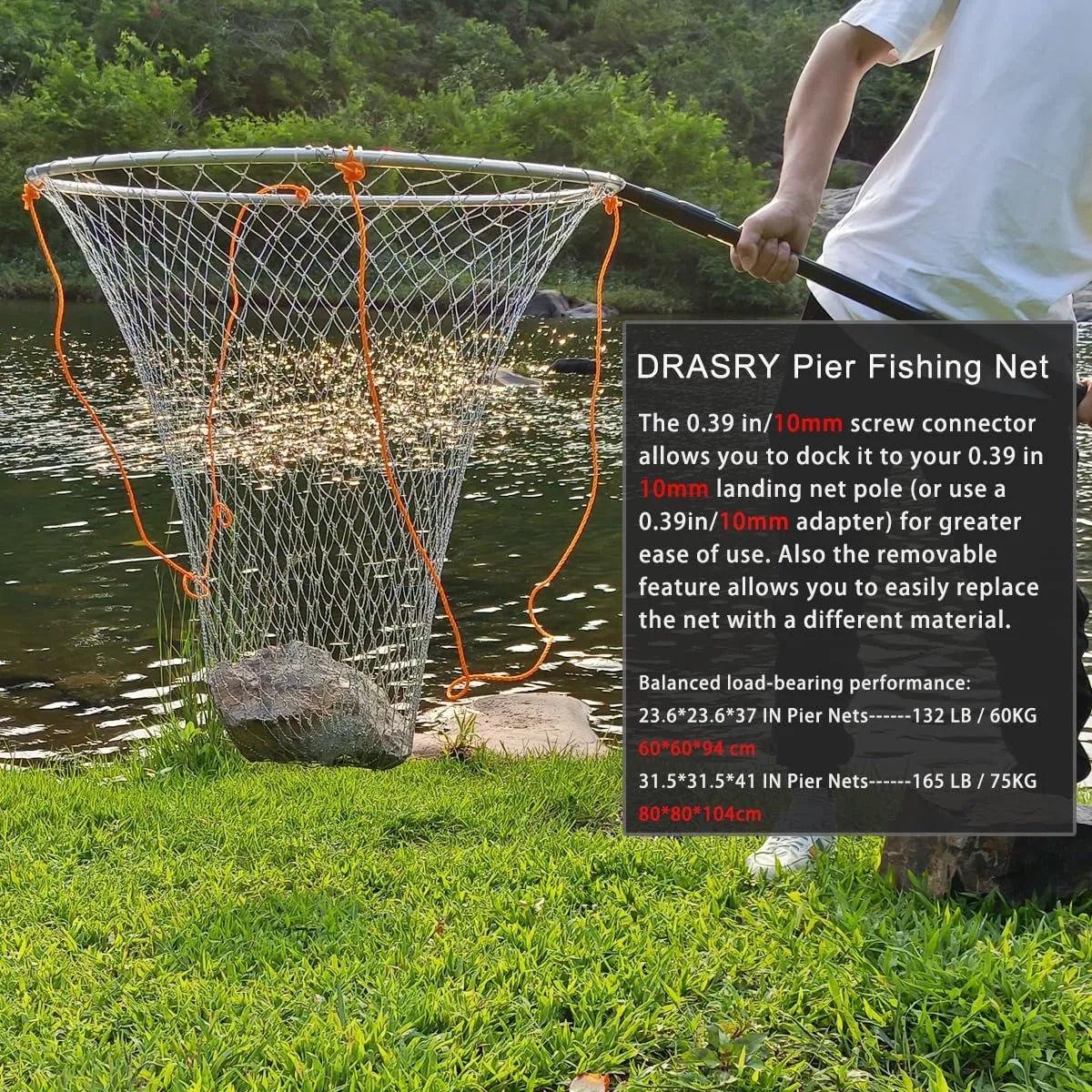 Drasry Foldable Bridge and Pier Fishing Landing Net - High Load-Bearing Aluminum Ring Drop Net for Saltwater Freshwater - Collapsible Basket With 49.2 FT Rope
