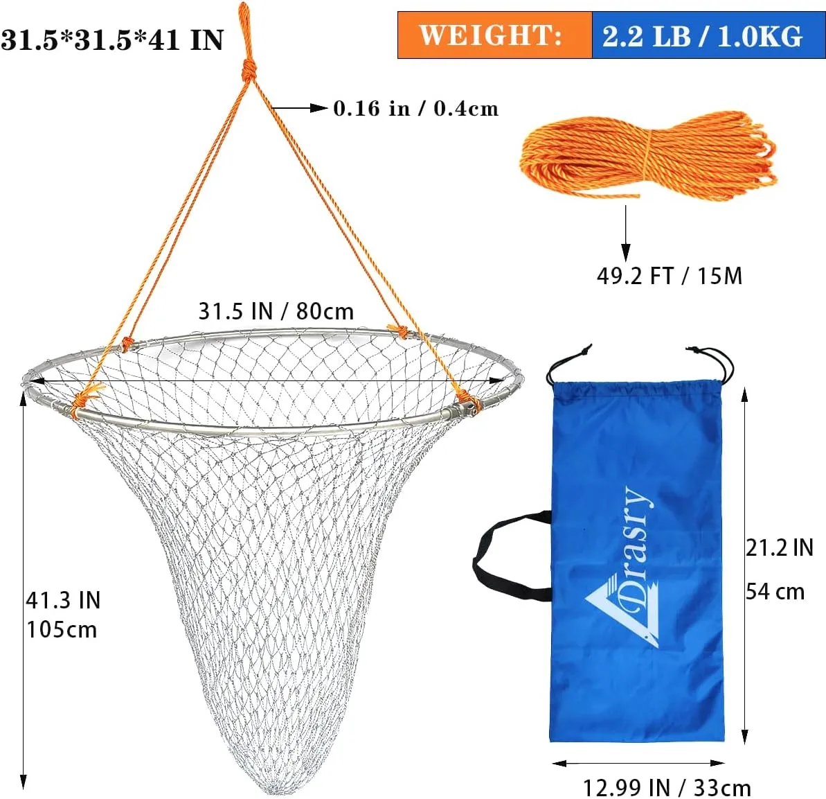 Drasry Foldable Bridge and Pier Fishing Landing Net - High Load-Bearing Aluminum Ring Drop Net for Saltwater Freshwater - Collapsible Basket With 49.2 FT Rope