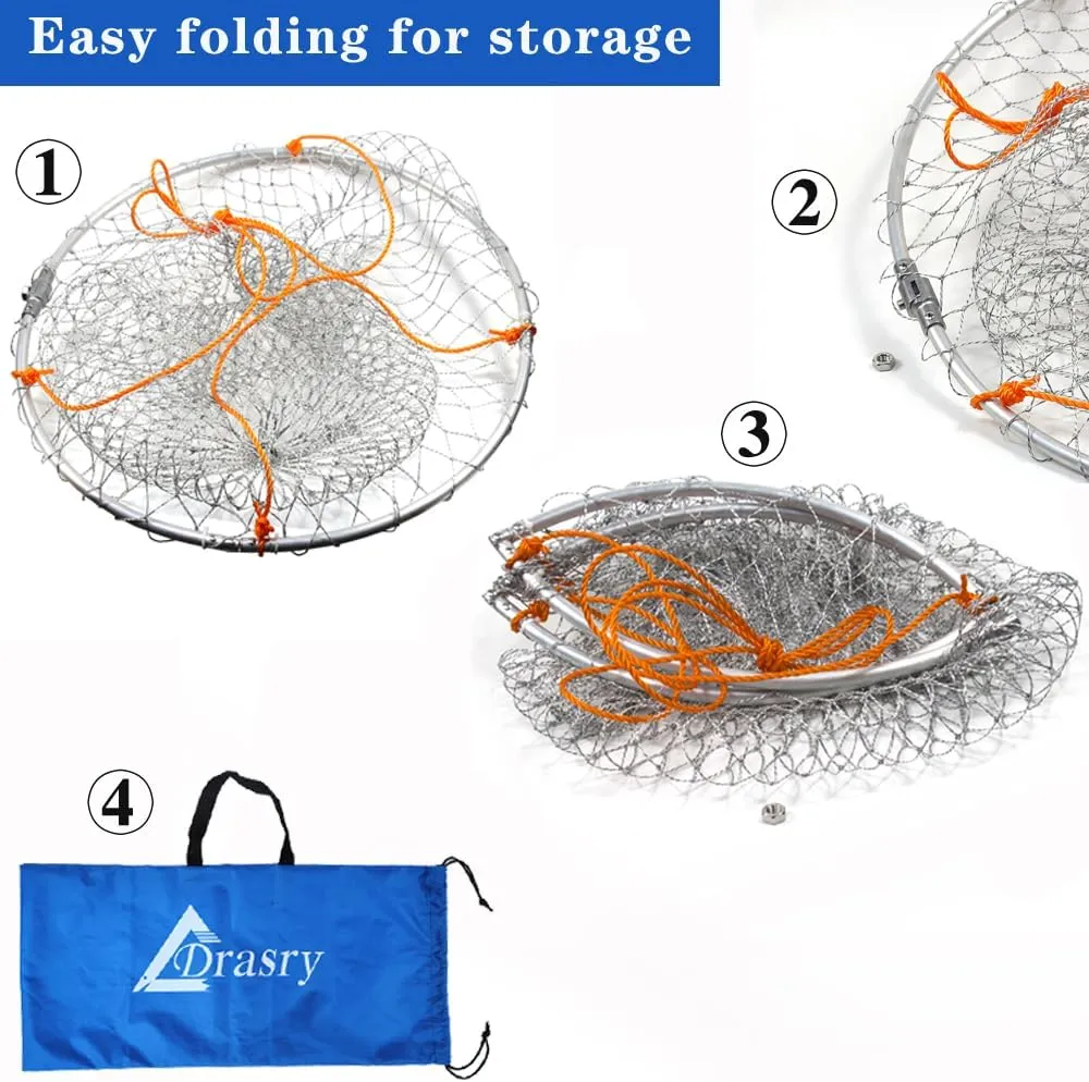 Drasry Foldable Bridge and Pier Fishing Landing Net - High Load-Bearing Aluminum Ring Drop Net for Saltwater Freshwater - Collapsible Basket With 49.2 FT Rope