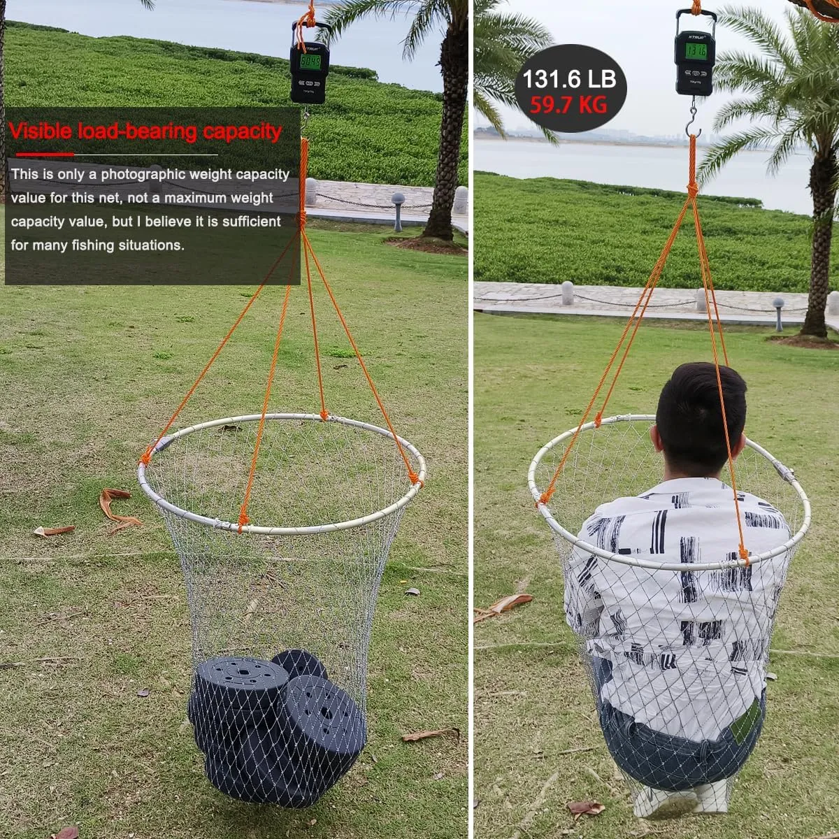Drasry Foldable Bridge and Pier Fishing Landing Net - High Load-Bearing Aluminum Ring Drop Net for Saltwater Freshwater - Collapsible Basket With 49.2 FT Rope