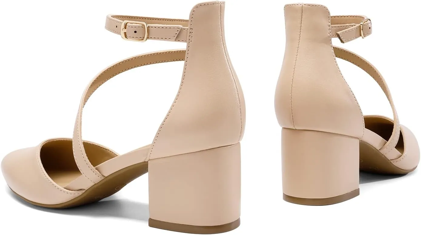 DREAM PAIRS Women's Closed Pointed Toe Low Chunky Heels Pumps Ankle Strap Wedding Business Dressy Shoes