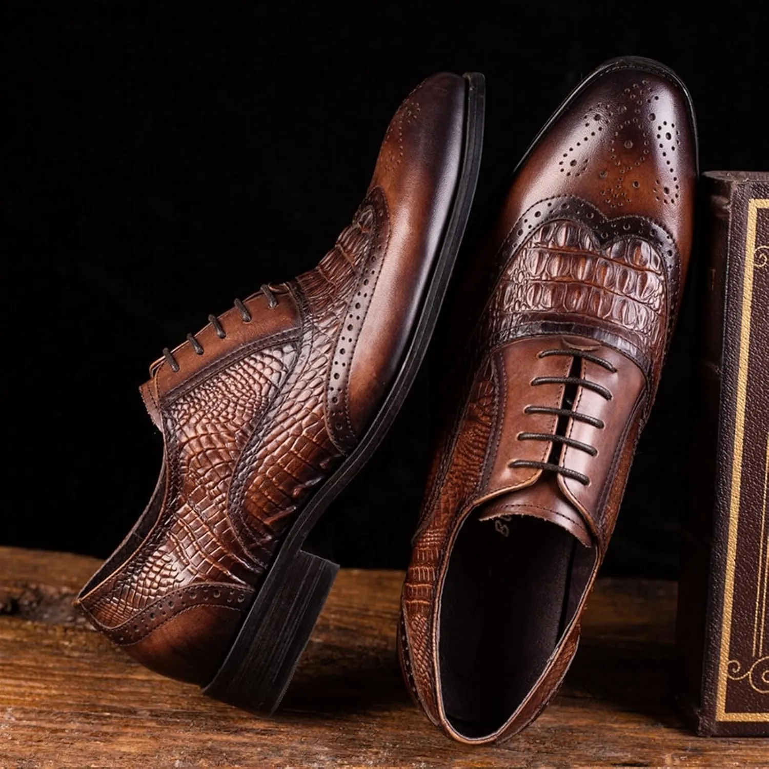 Dress Shoes for Men Men's Crocodile Pattern Faux Leather Dress Brogues Formal Shoes for Business and Special Occasions