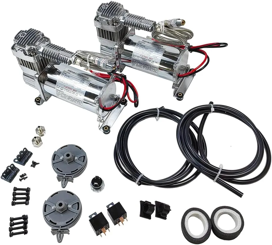 Dual Heavy Duty Onboard 12V Air Compressors 200 PSI with Remote Mount Kit | Universal Fit for Truck Car Train Horn, Suspension Ride Bag System | Fits All 12V Vehicles like Truck Pickup SUV RV Marine