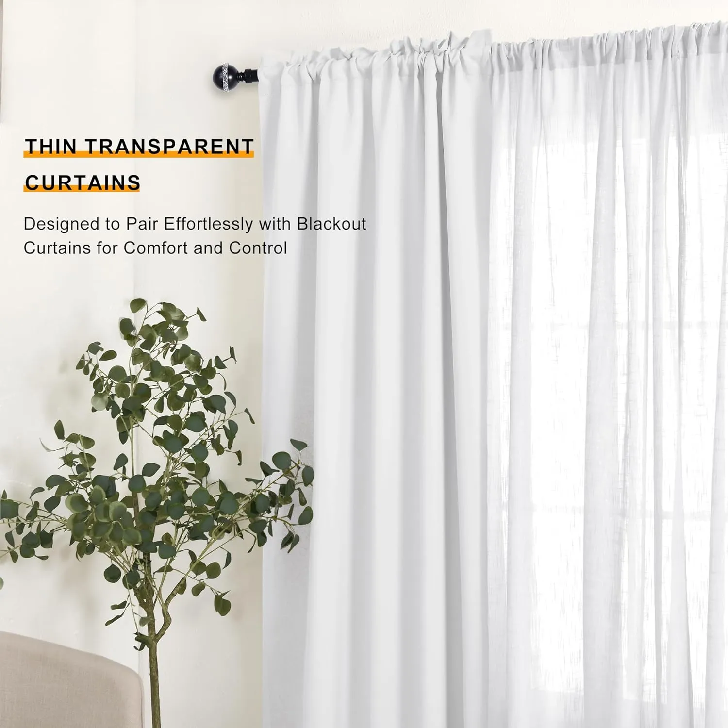 DWCN White Sheer Curtains Faux Linen Textured Rod Pocket Semi Voile Sheer Bedroom and Living Room Window Curtain Panels, Set of 2, 52 x 90 Inch Long