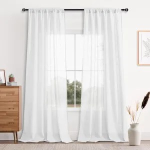 DWCN White Sheer Curtains Faux Linen Textured Rod Pocket Semi Voile Sheer Bedroom and Living Room Window Curtain Panels, Set of 2, 52 x 90 Inch Long