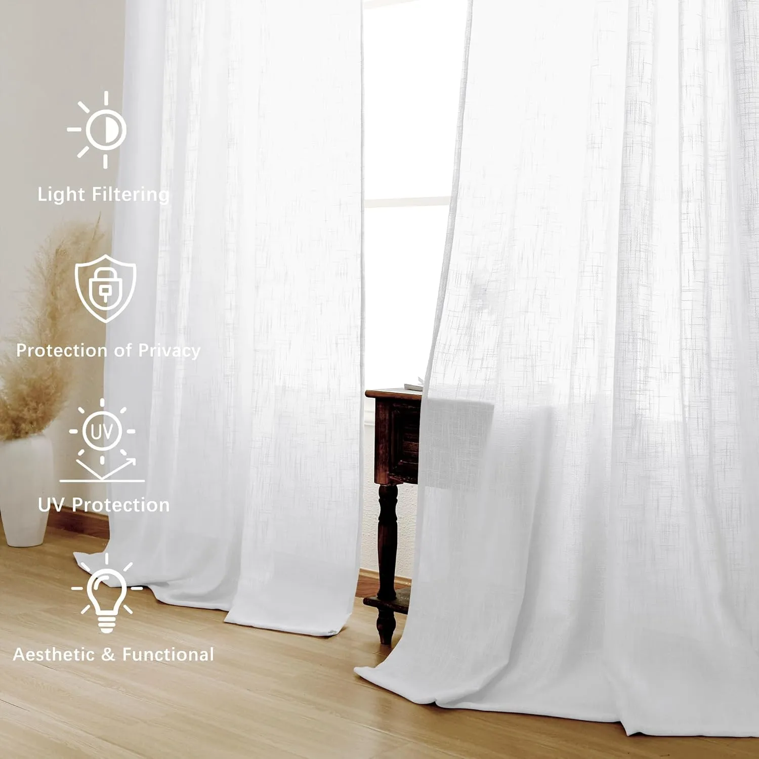 DWCN White Sheer Curtains Faux Linen Textured Rod Pocket Semi Voile Sheer Bedroom and Living Room Window Curtain Panels, Set of 2, 52 x 90 Inch Long