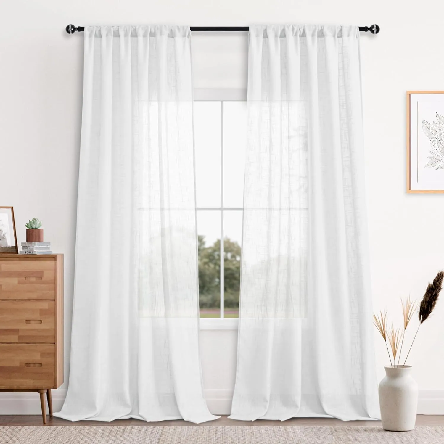DWCN White Sheer Curtains Faux Linen Textured Rod Pocket Semi Voile Sheer Bedroom and Living Room Window Curtain Panels, Set of 2, 52 x 90 Inch Long
