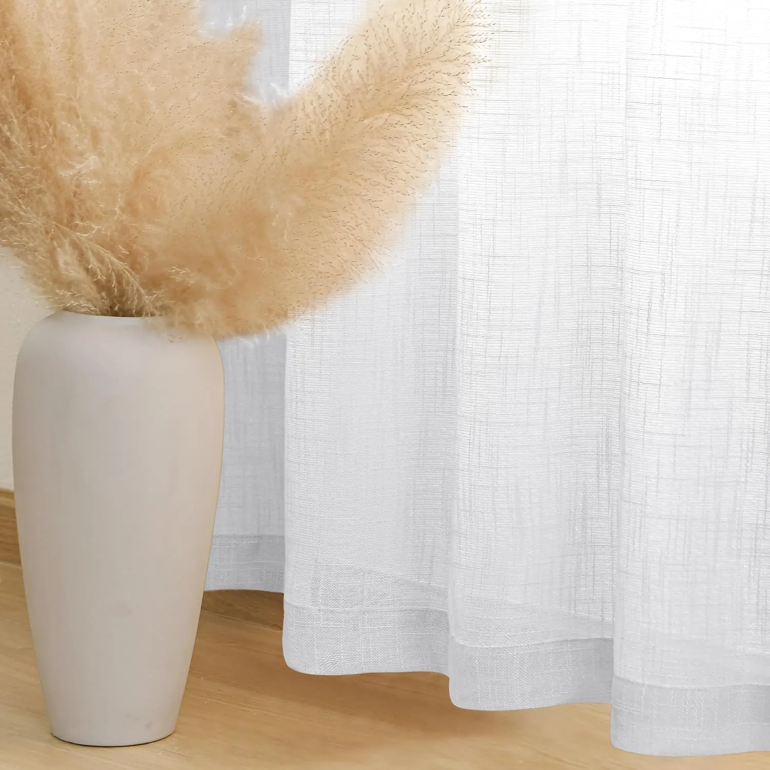 DWCN White Sheer Curtains Faux Linen Textured Rod Pocket Semi Voile Sheer Bedroom and Living Room Window Curtain Panels, Set of 2, 52 x 90 Inch Long