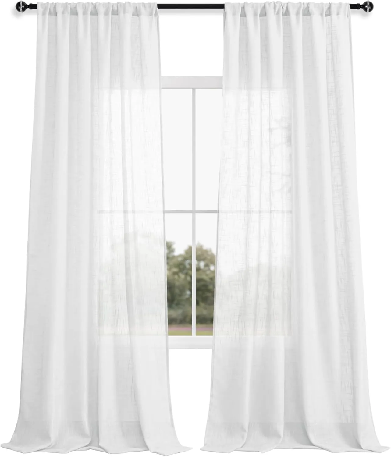 DWCN White Sheer Curtains Faux Linen Textured Rod Pocket Semi Voile Sheer Bedroom and Living Room Window Curtain Panels, Set of 2, 52 x 90 Inch Long