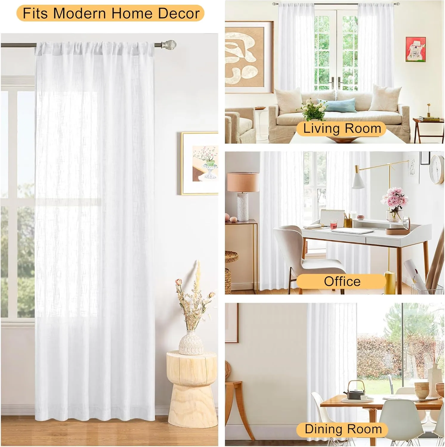 DWCN White Sheer Curtains Faux Linen Textured Rod Pocket Semi Voile Sheer Bedroom and Living Room Window Curtain Panels, Set of 2, 52 x 90 Inch Long