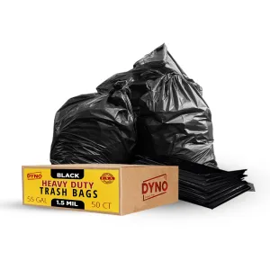 Dyno Products Online 55-Gallon, 1.5 Mil Thick Heavy-Duty Black Trash Bags, 50 Count - Large Garbage Liners (35W X 55L) Fits Huge Cans for Home Garden Lawn Yard Recycling Construction & Commercial Use