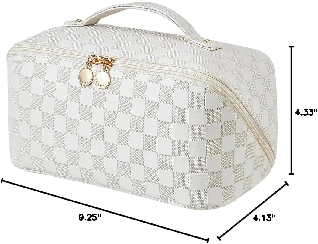 EACHY Travel Makeup Bag,Large Capacity Cosmetic Bags for Women,Waterproof Portable Pouch Open Flat Toiletry Bag Make up Organizer with Divider and Handle