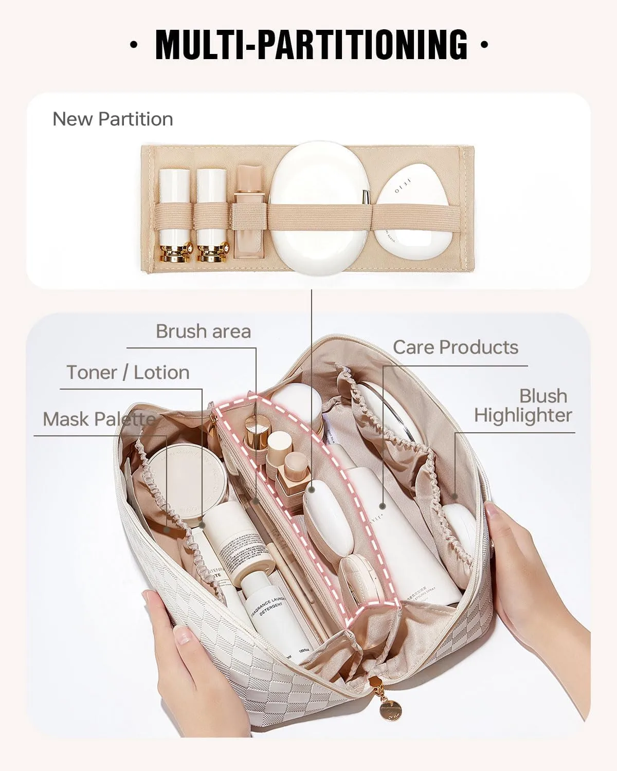 EACHY Travel Makeup Bag,Large Capacity Cosmetic Bags for Women,Waterproof Portable Pouch Open Flat Toiletry Bag Make up Organizer with Divider and Handle