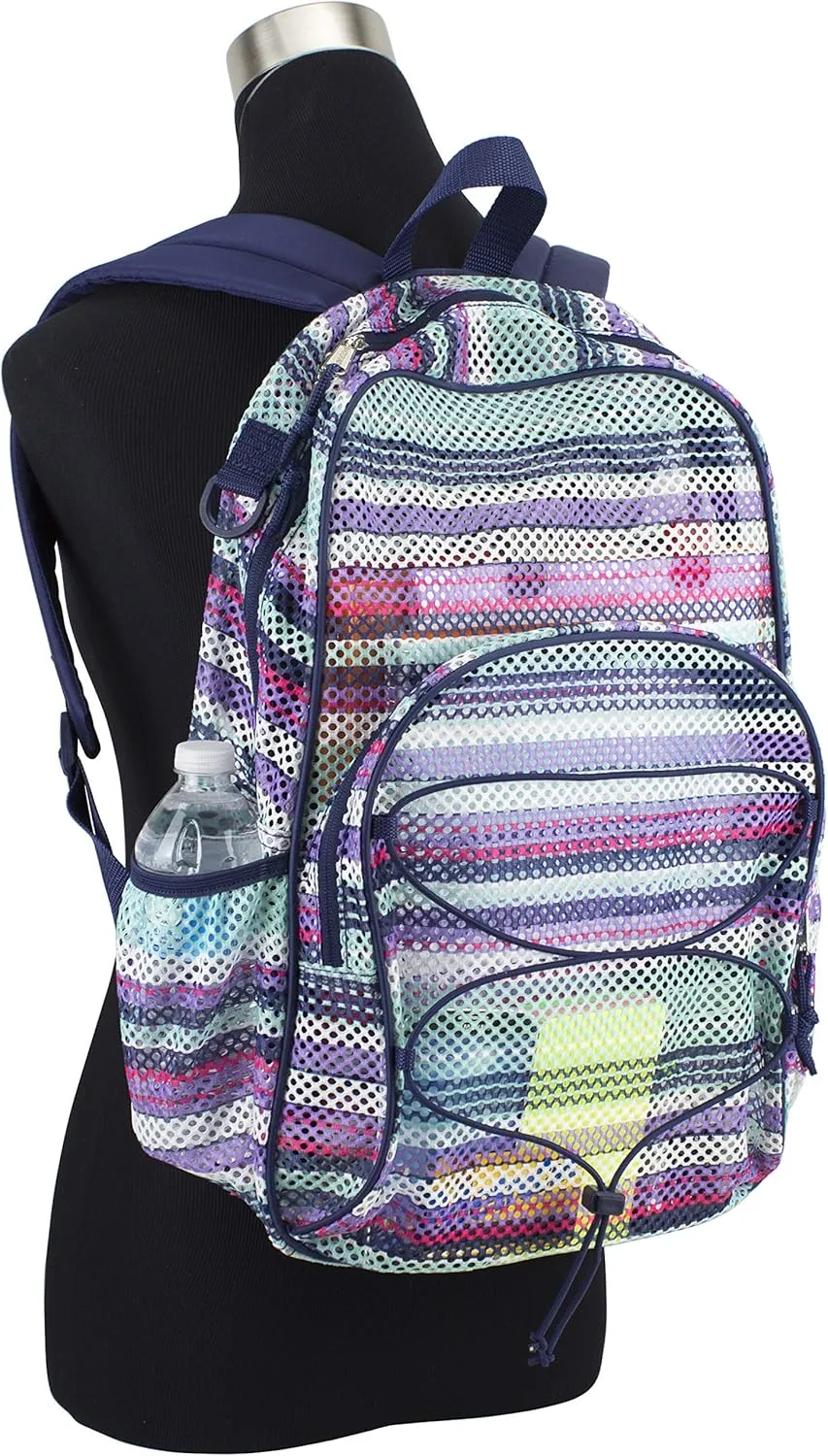 Eastsport Mesh Beach Backpack Lightweight Bungee See Through for Travel, College, Swim, Gym Bag, 17.5 x 12.5 x 5.5 Inches Blue Candy Stripe