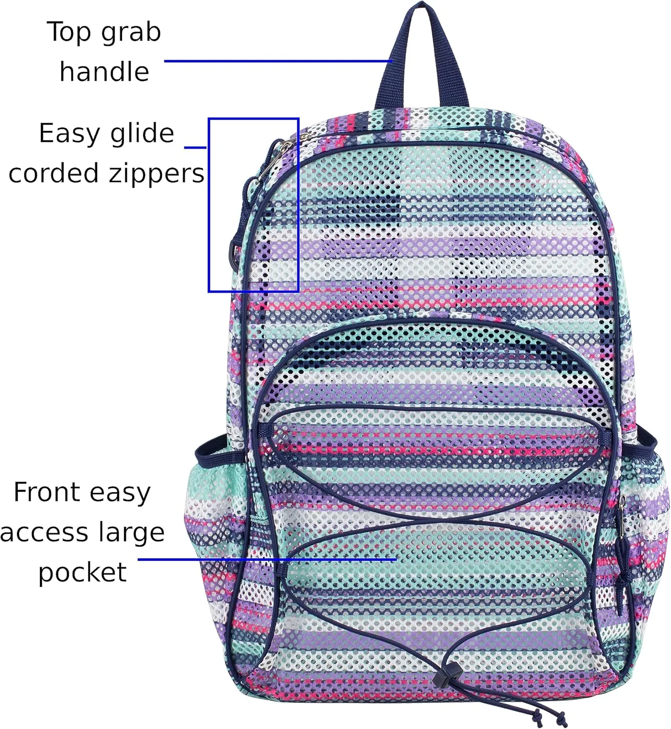 Eastsport Mesh Beach Backpack Lightweight Bungee See Through for Travel, College, Swim, Gym Bag, 17.5 x 12.5 x 5.5 Inches Blue Candy Stripe