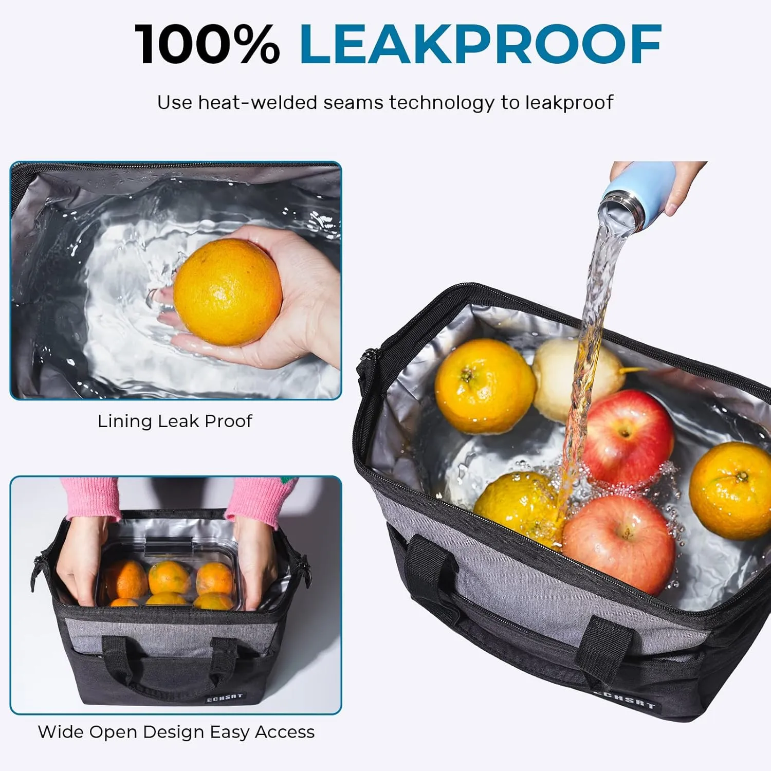 ECHSRT Large Insulated Lunch Bag for Women Men Leakproof Cooler Lunch Tote Bags for Work Travel Adult Thermal Lunchbox for Office -10L Black