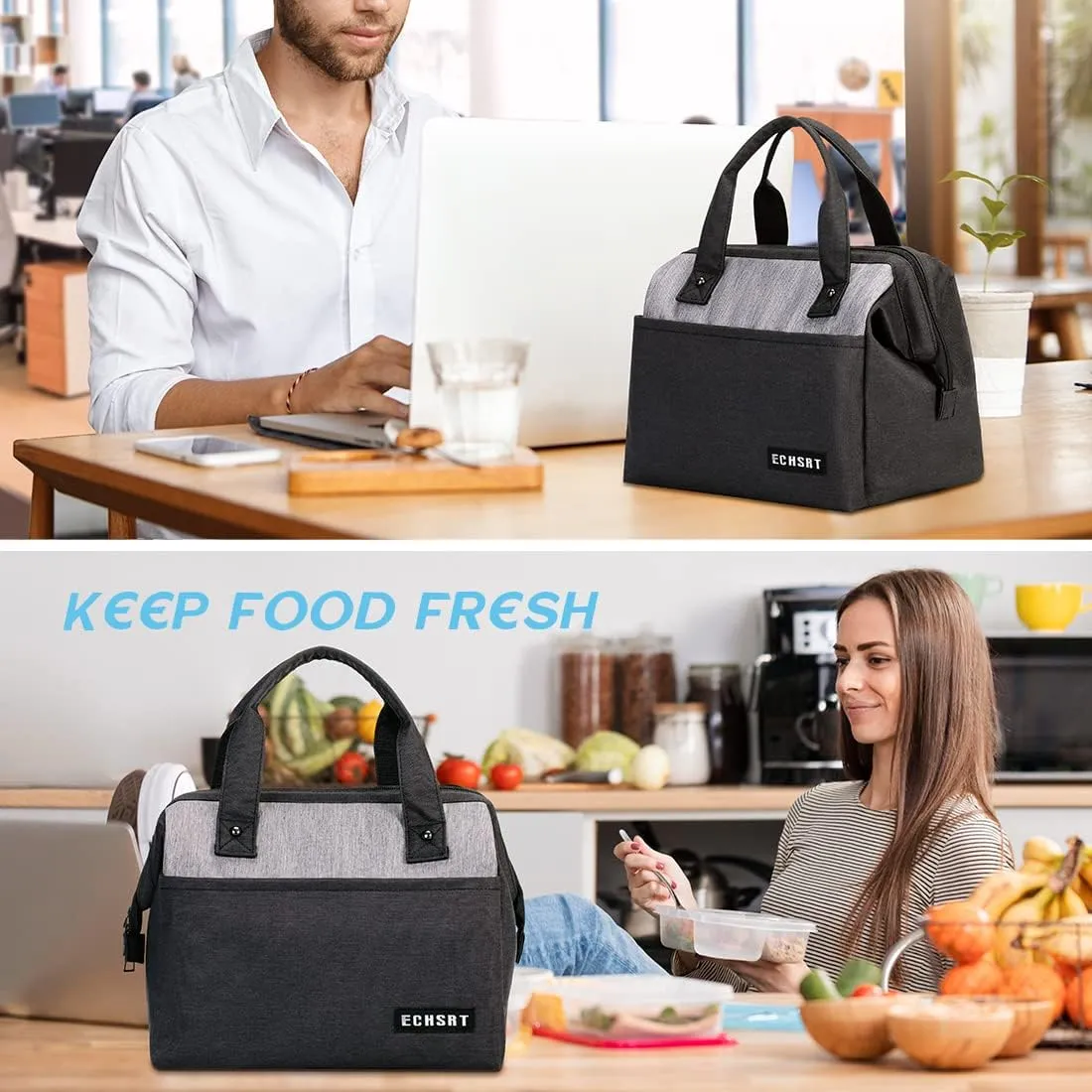 ECHSRT Large Insulated Lunch Bag for Women Men Leakproof Cooler Lunch Tote Bags for Work Travel Adult Thermal Lunchbox for Office -10L Black