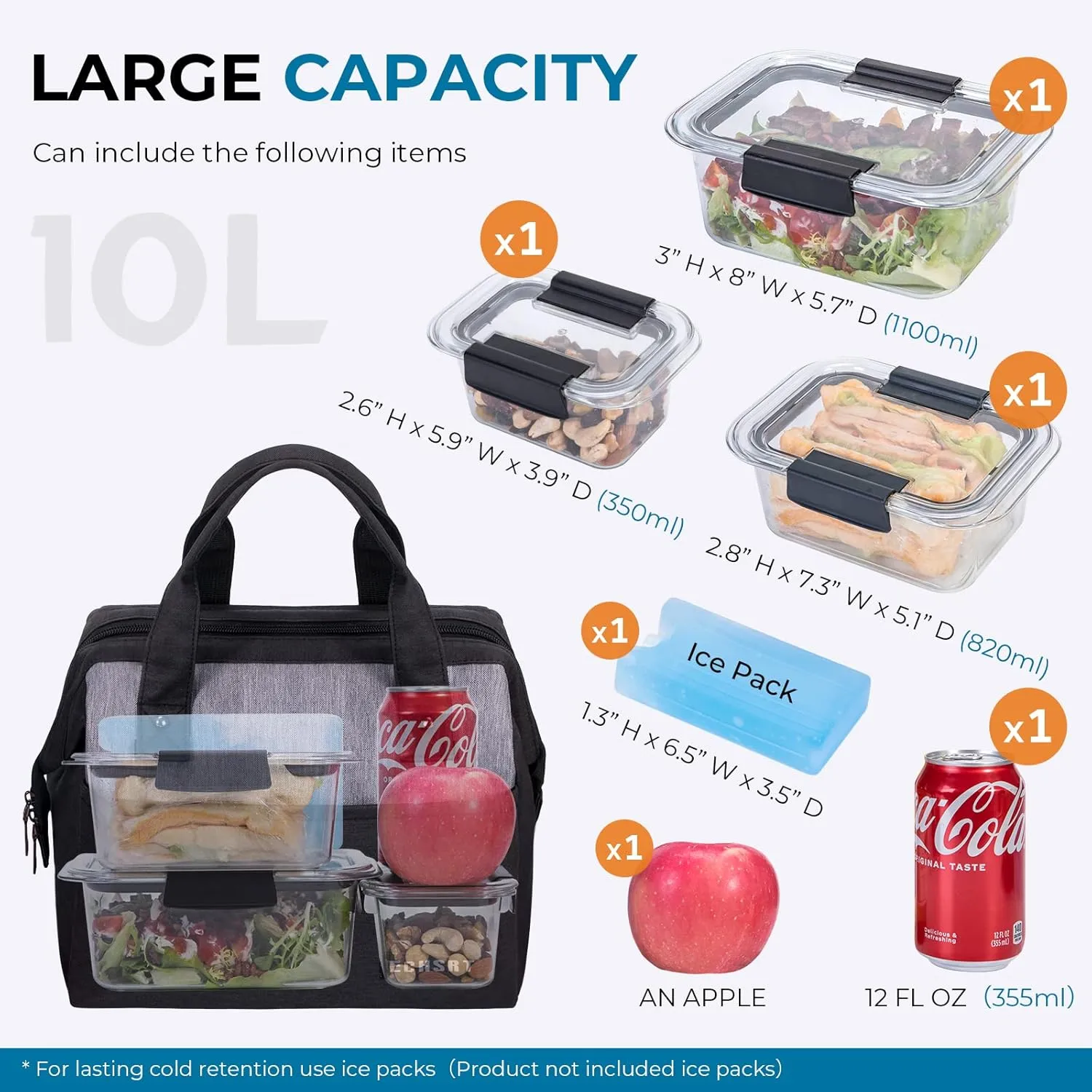 ECHSRT Large Insulated Lunch Bag for Women Men Leakproof Cooler Lunch Tote Bags for Work Travel Adult Thermal Lunchbox for Office -10L Black