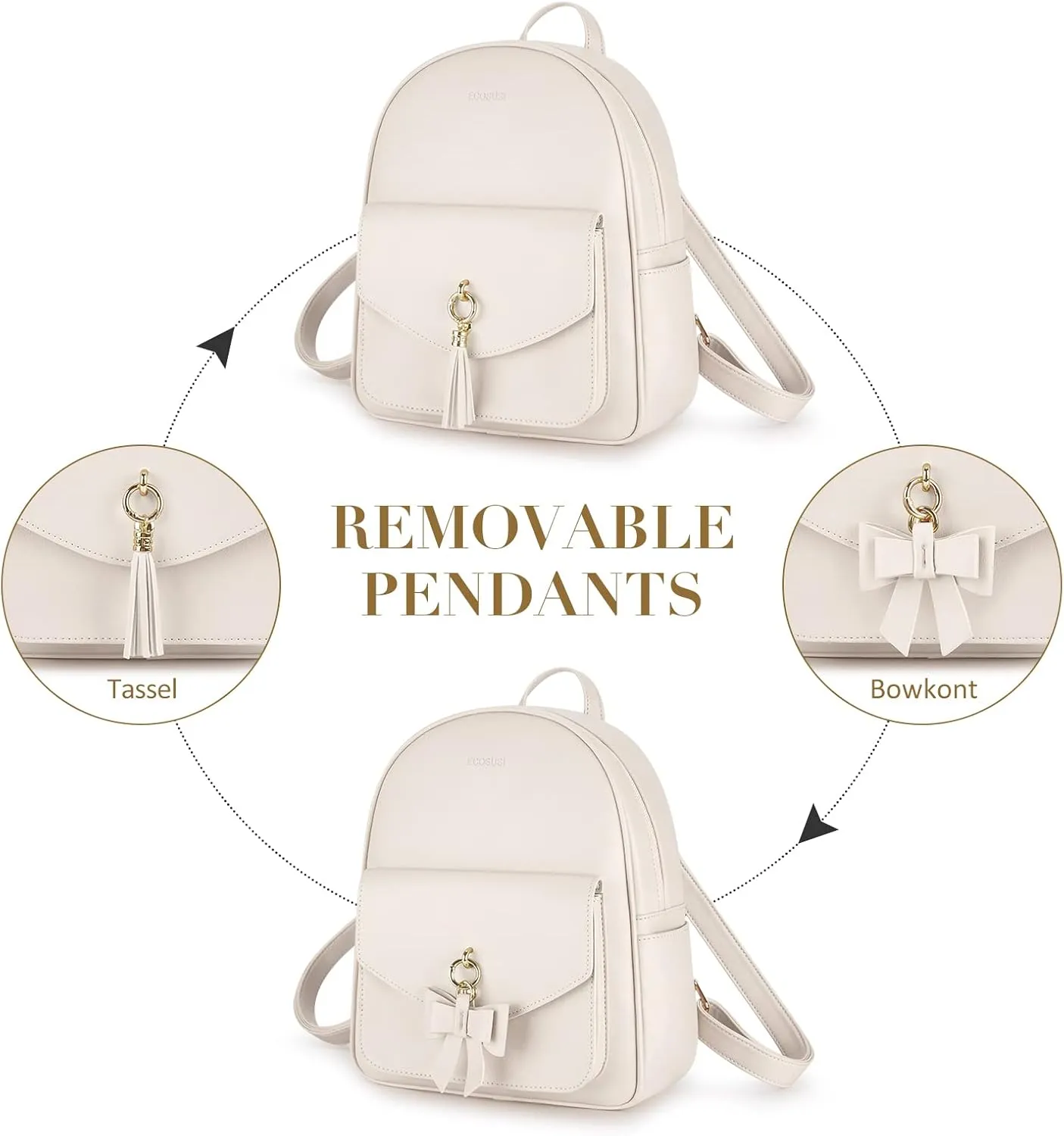 ECOSUSI Women Backpack Purse Water Resistant PU Leather Backpack Fashion Rucksack Ladies College Daypack with Tassel,2 Pcs
