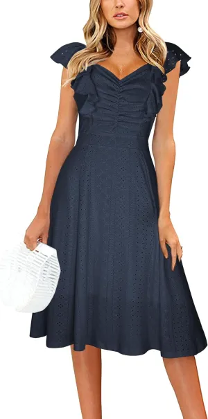ECOWISH Women's Summer Dresses 2025 Elegant Lady Wedding Guest Cocktail Ruffle Cap Sleeves A-Line Office Midi Dress