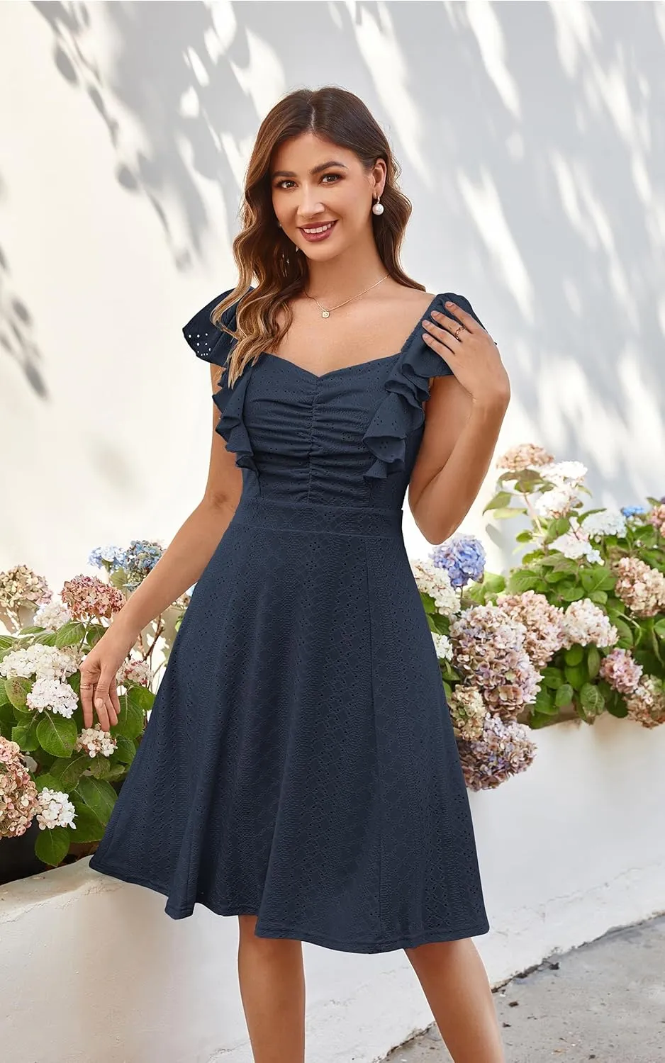 ECOWISH Women's Summer Dresses 2025 Elegant Lady Wedding Guest Cocktail Ruffle Cap Sleeves A-Line Office Midi Dress