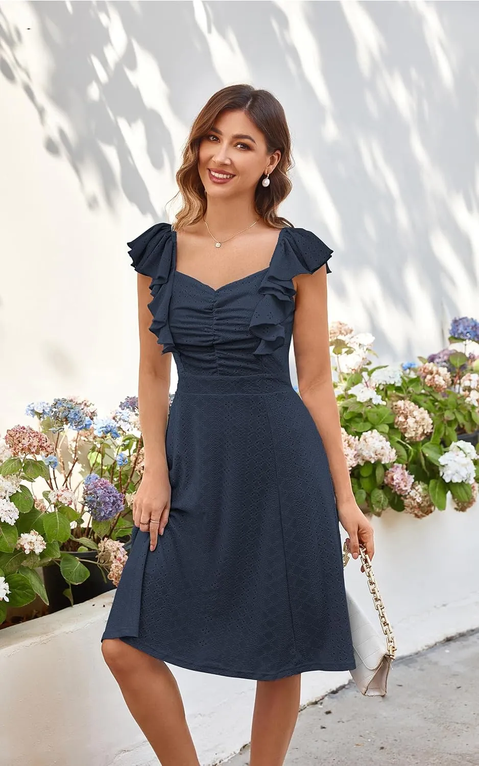ECOWISH Women's Summer Dresses 2025 Elegant Lady Wedding Guest Cocktail Ruffle Cap Sleeves A-Line Office Midi Dress