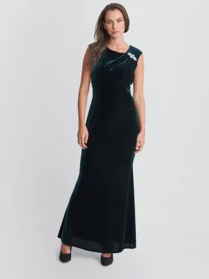 Edina Maxi Velvet Gown With Asymmetrical Neckline And Embellishment