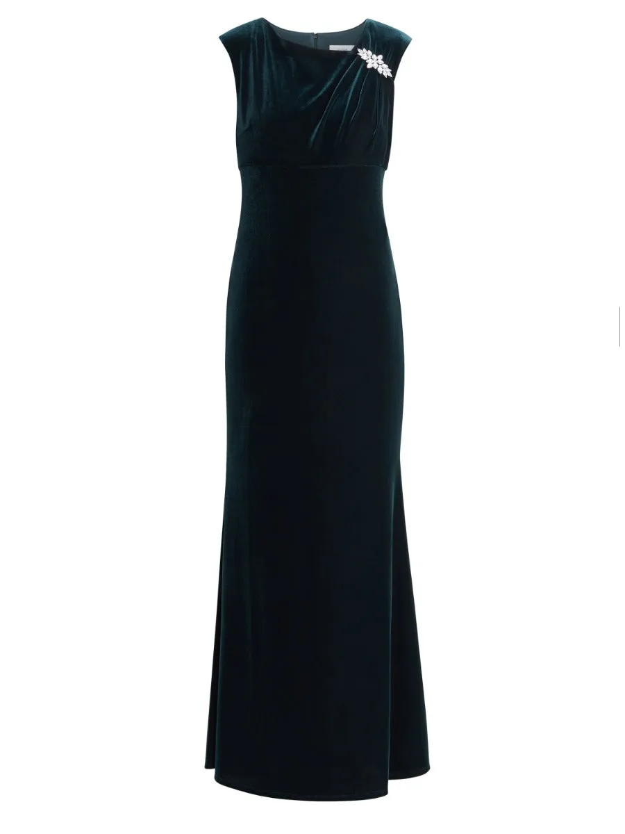 Edina Maxi Velvet Gown With Asymmetrical Neckline And Embellishment