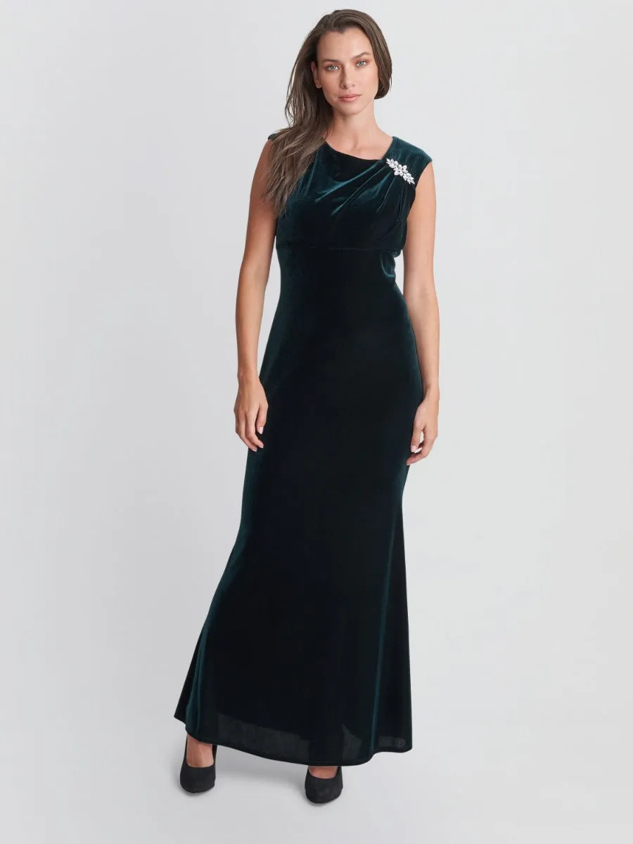 Edina Maxi Velvet Gown With Asymmetrical Neckline And Embellishment