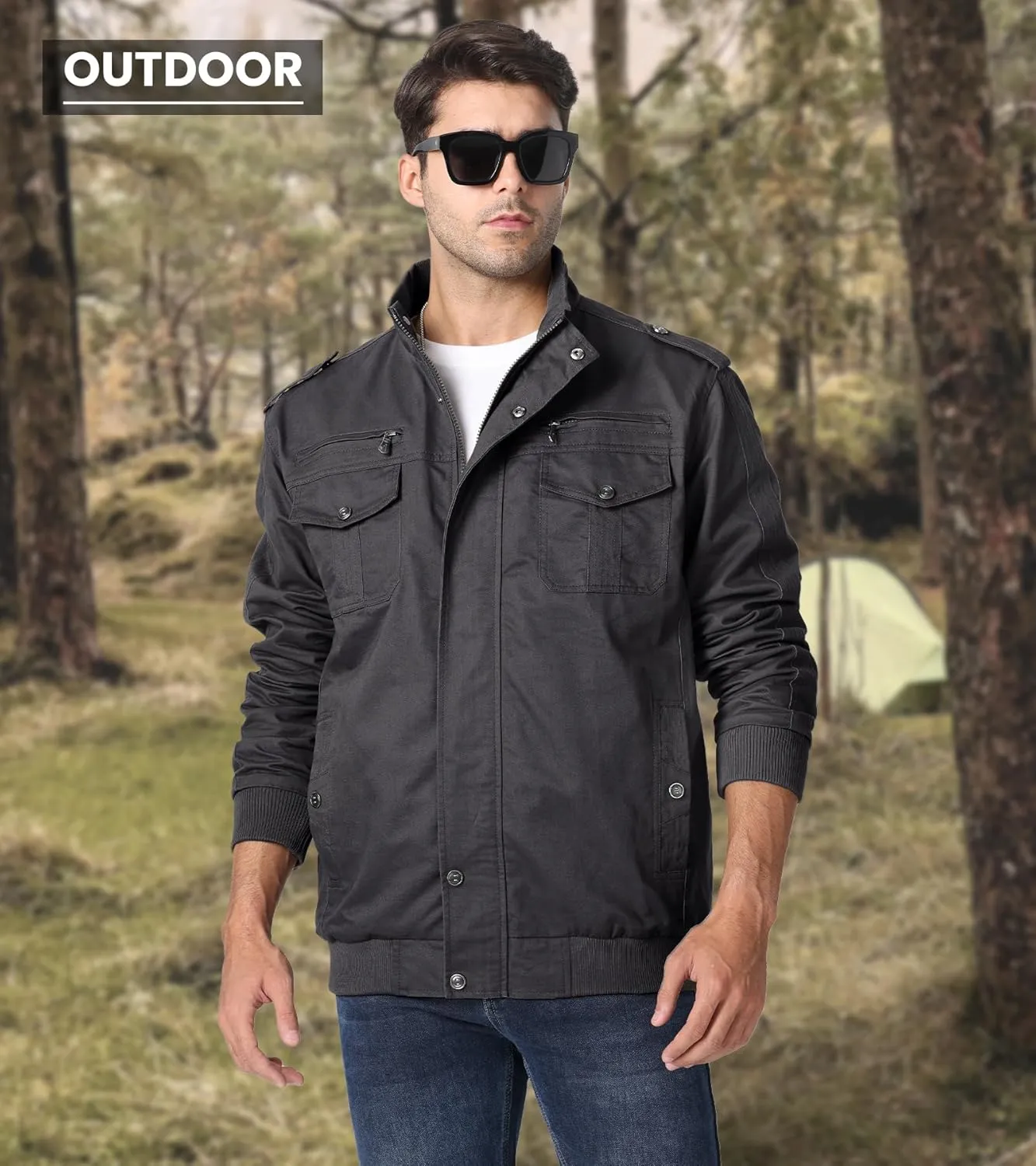 EKLENTSON Men's Cotton Lightweight Multi Pockets Zip Front Stand Collar Military Jackets Windbreaker