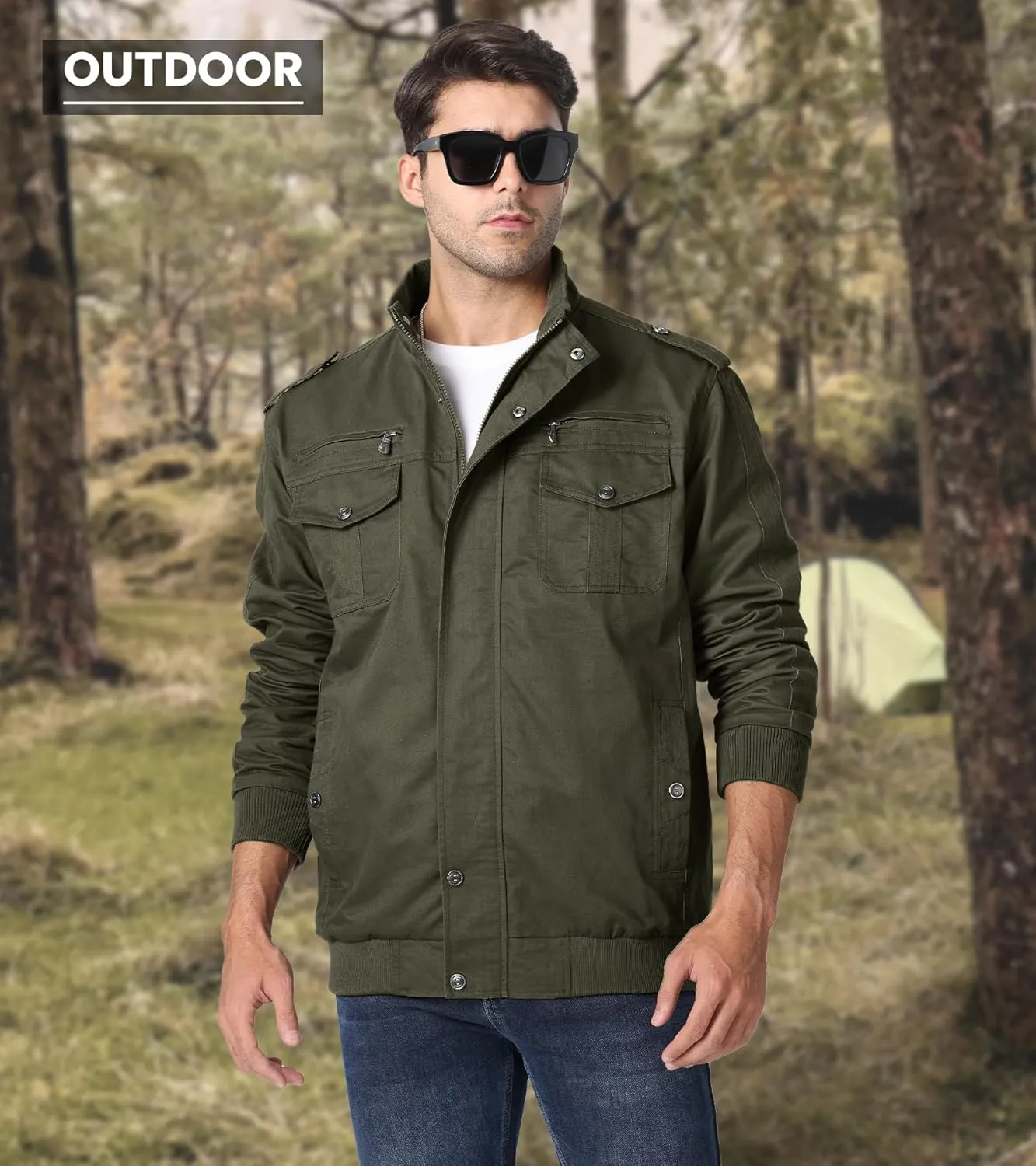 EKLENTSON Men's Cotton Lightweight Multi Pockets Zip Front Stand Collar Military Jackets Windbreaker