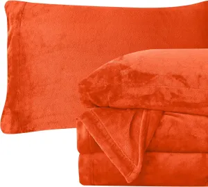 Elegant Comfort Luxuriously Soft 4-Piece Velvet Plush Flannel Sheet Set - Premium Quality - Cozy Warm, Anti-Static, Non Pilling Fuzzy Velvet Flannel Fleece Deep Pocket Sheet Set - Queen, Orange