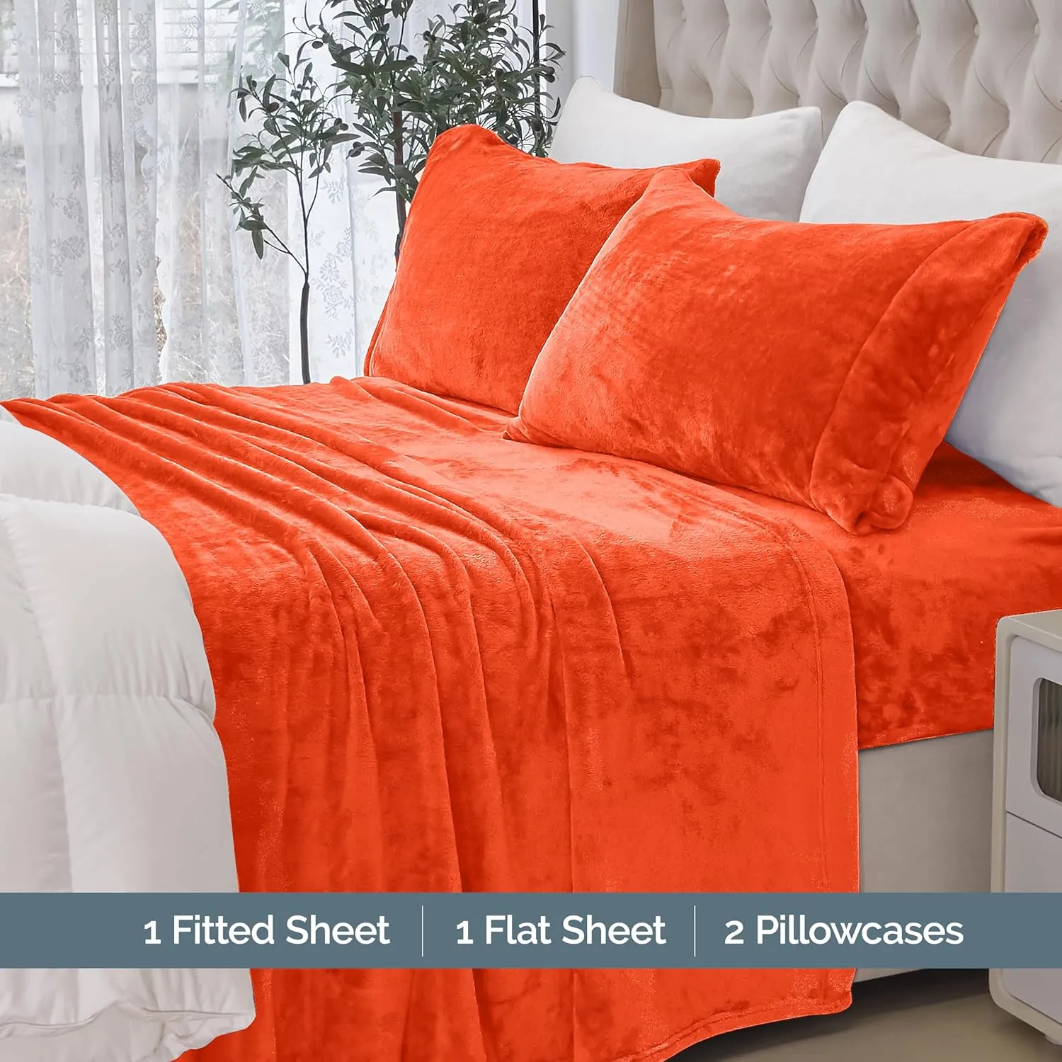 Elegant Comfort Luxuriously Soft 4-Piece Velvet Plush Flannel Sheet Set - Premium Quality - Cozy Warm, Anti-Static, Non Pilling Fuzzy Velvet Flannel Fleece Deep Pocket Sheet Set - Queen, Orange