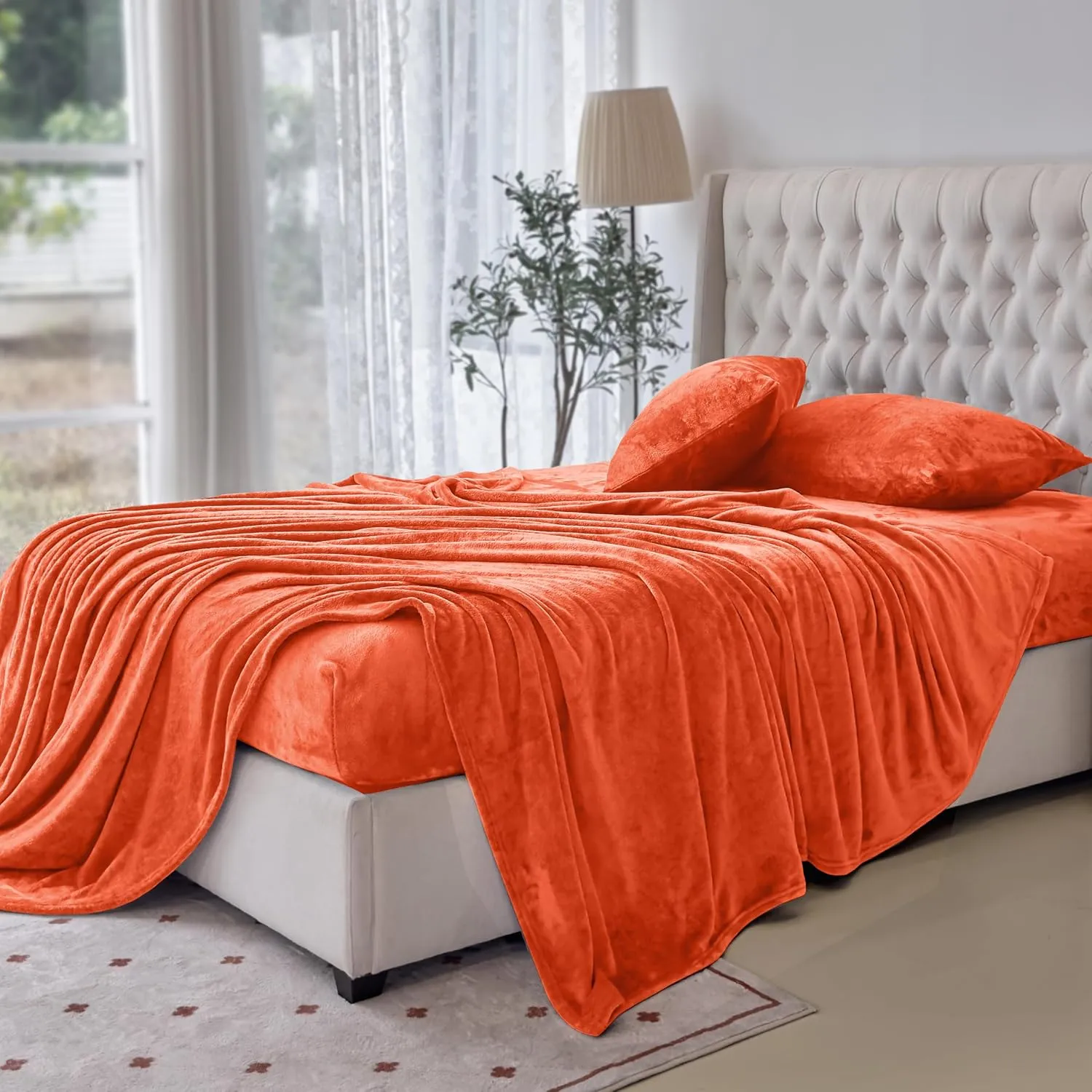 Elegant Comfort Luxuriously Soft 4-Piece Velvet Plush Flannel Sheet Set - Premium Quality - Cozy Warm, Anti-Static, Non Pilling Fuzzy Velvet Flannel Fleece Deep Pocket Sheet Set - Queen, Orange