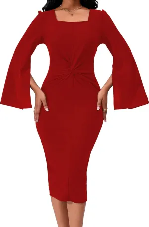 Elegant Dresses for Women Sexy Church Long Ruffles Sleeve Business Pencil Vintage Peplum Dress Wear to Work