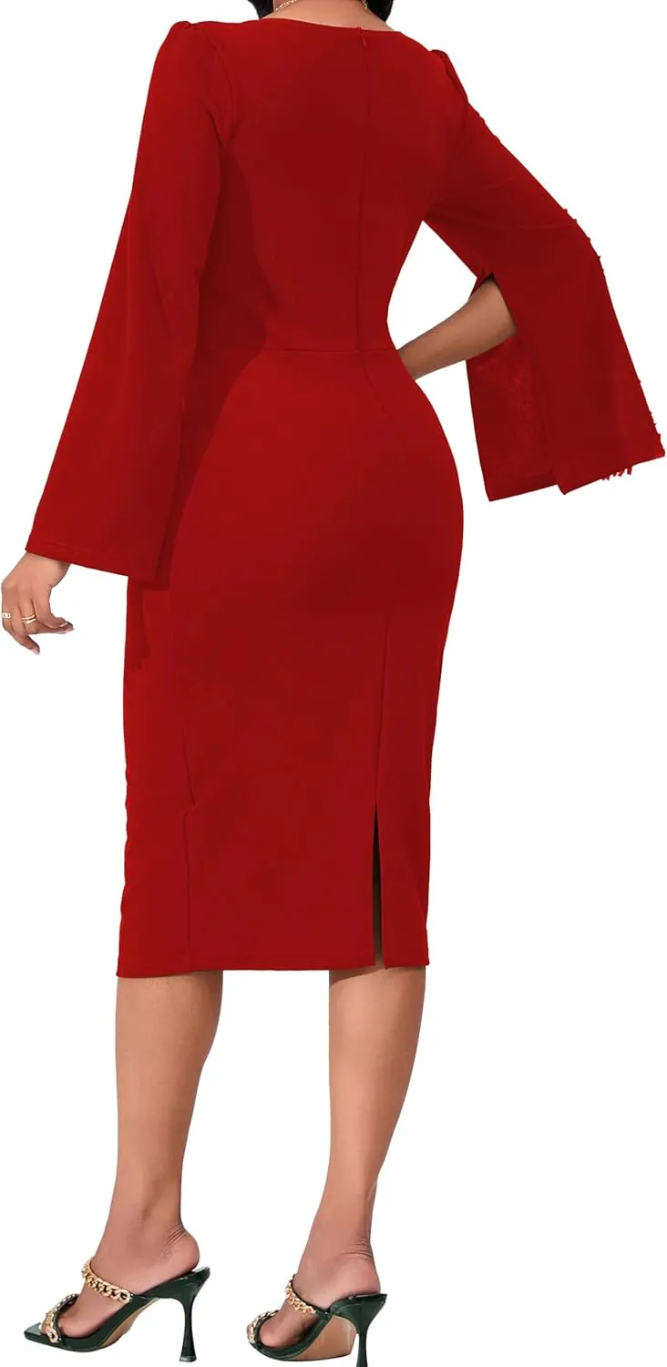 Elegant Dresses for Women Sexy Church Long Ruffles Sleeve Business Pencil Vintage Peplum Dress Wear to Work