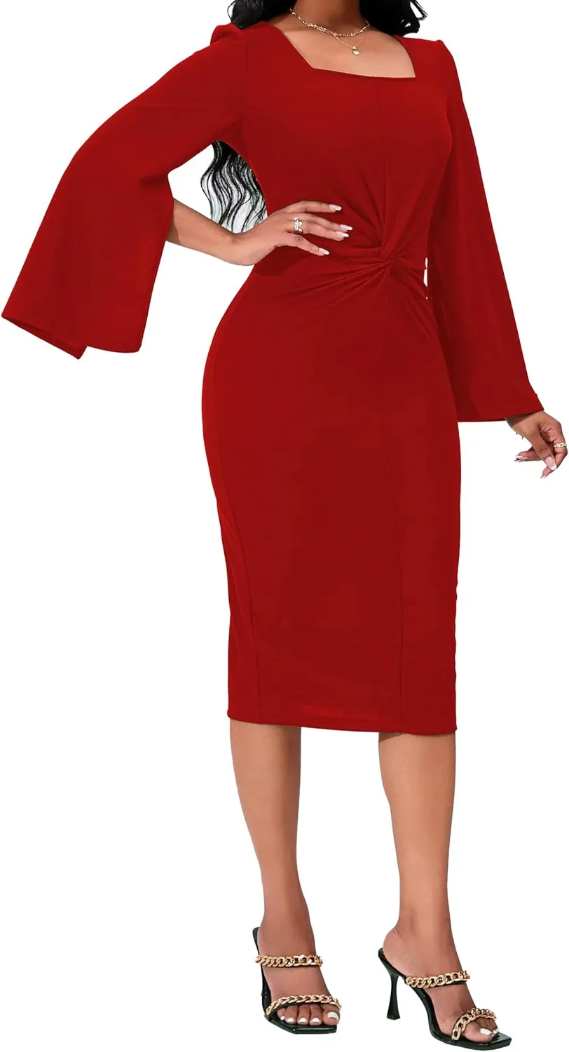Elegant Dresses for Women Sexy Church Long Ruffles Sleeve Business Pencil Vintage Peplum Dress Wear to Work
