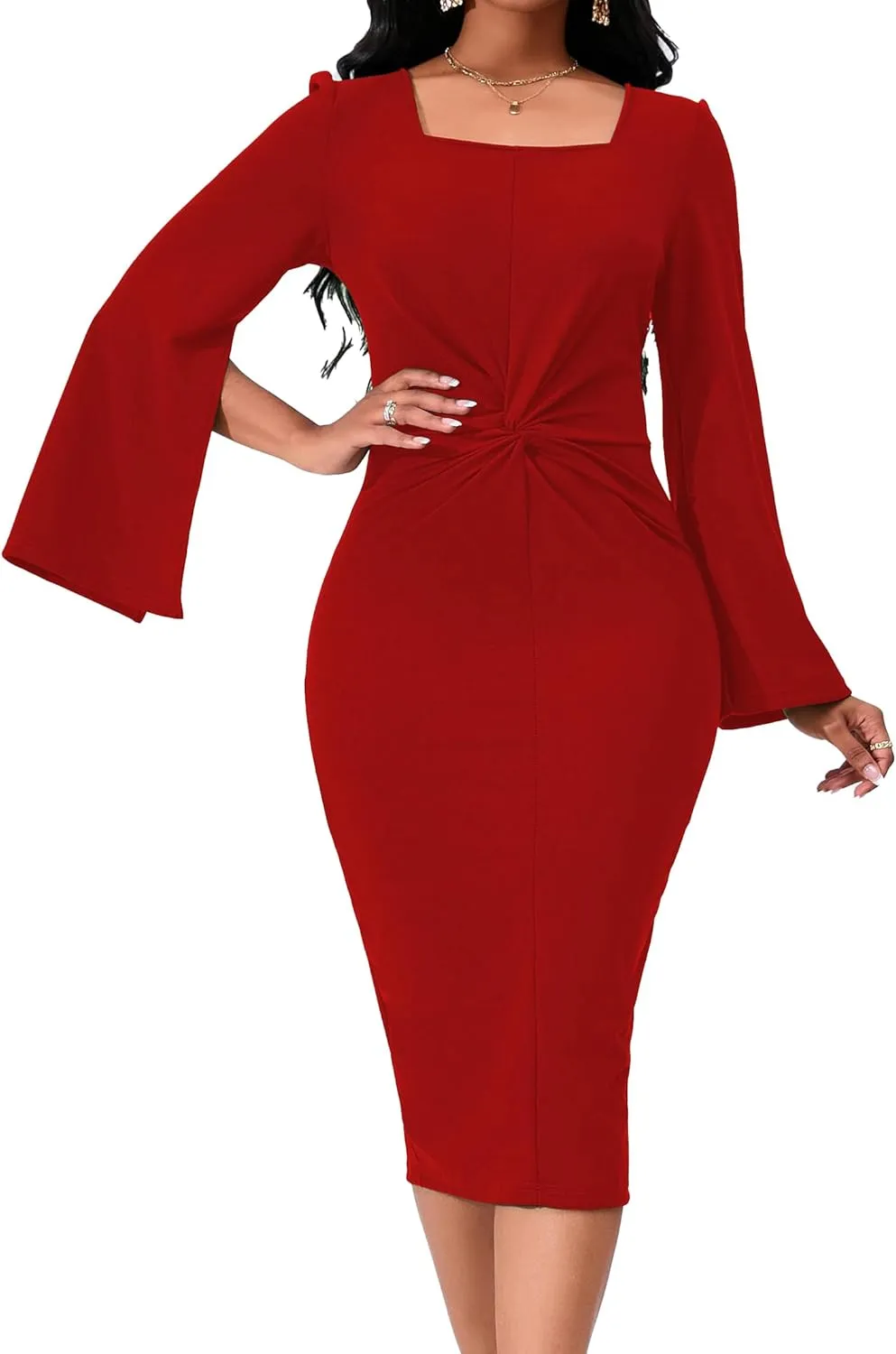 Elegant Dresses for Women Sexy Church Long Ruffles Sleeve Business Pencil Vintage Peplum Dress Wear to Work