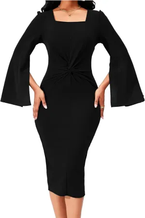 Elegant Dresses for Women Sexy Church Long Ruffles Sleeve Business Pencil Vintage Peplum Dress Wear to Work
