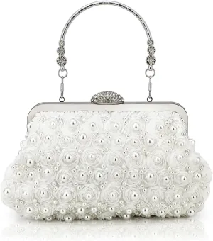 Elegant Pearl Flower Clutch Purse for Women Bridal Evening Bag Prom Wedding Handbag with Detachable Chain Strap