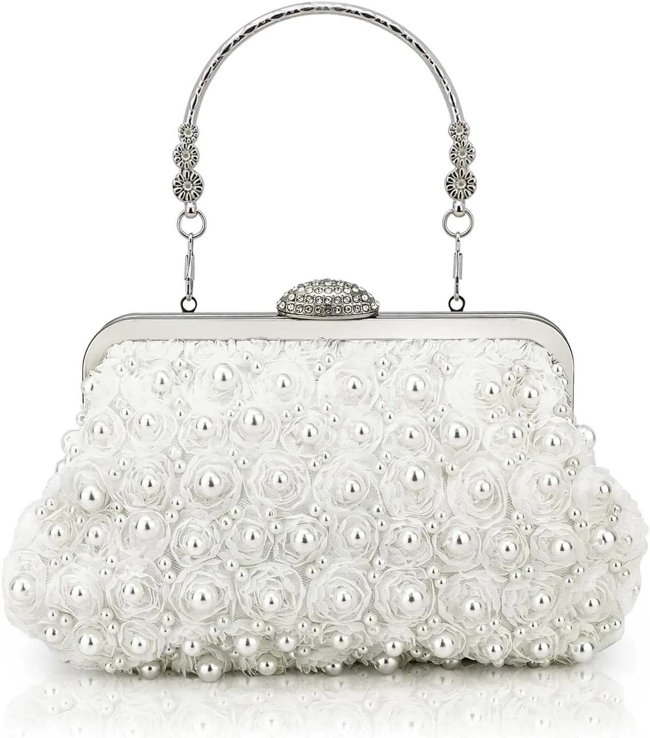 Elegant Pearl Flower Clutch Purse for Women Bridal Evening Bag Prom Wedding Handbag with Detachable Chain Strap