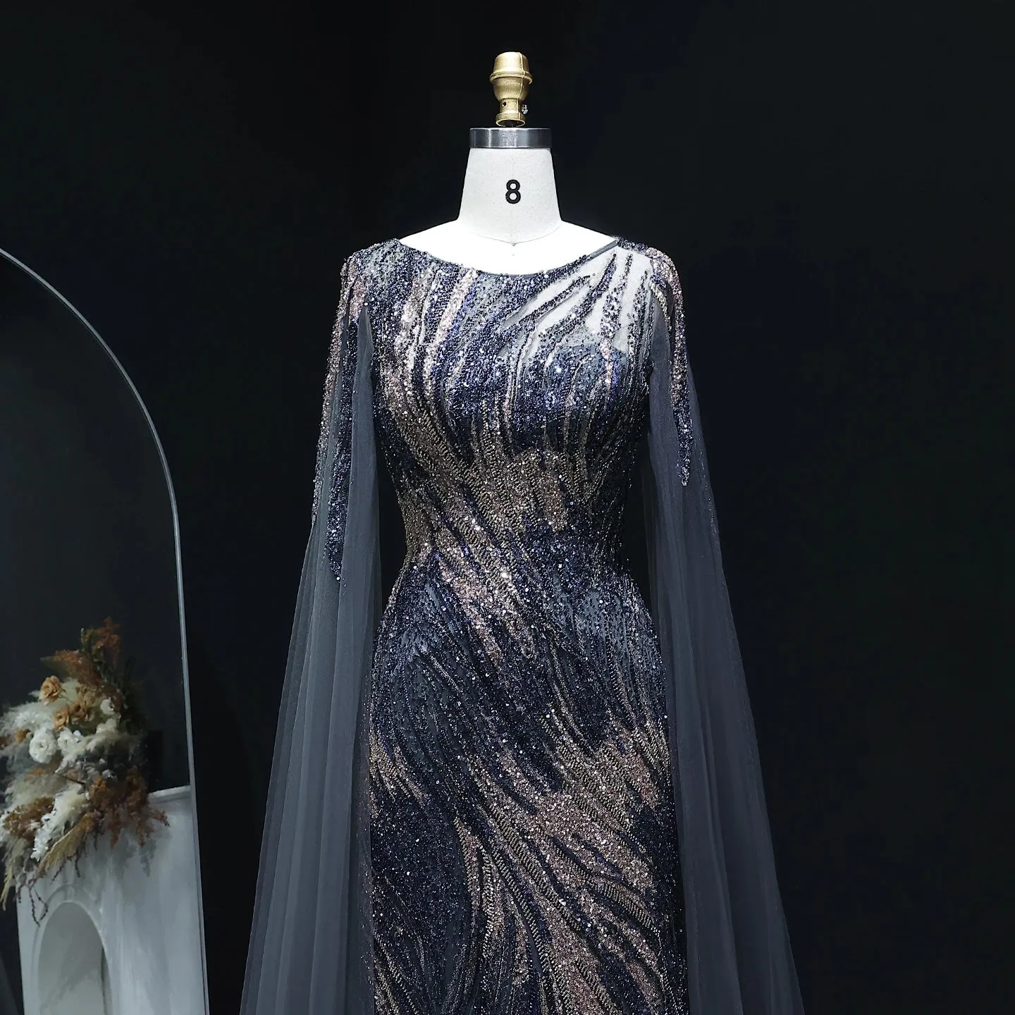 Elegant Purple Arabic Evening Dress with Cape Sleeves SS051